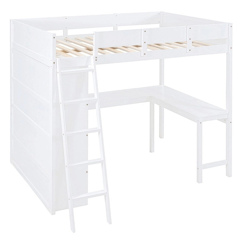 Hochbett aus Massivholz mit Schreibtisch, Regalen und umlaufendem Rausfallschutz