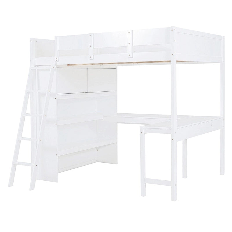 Hochbett aus Massivholz mit Schreibtisch, Regalen und umlaufendem Rausfallschutz