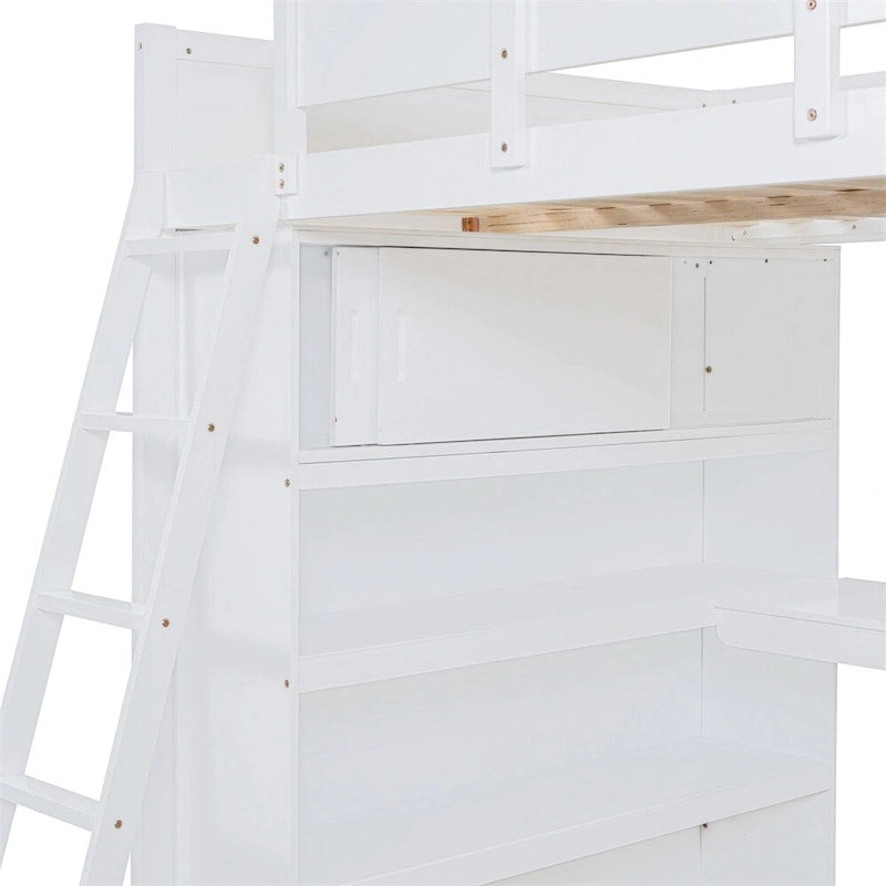 Hochbett aus Massivholz mit Schreibtisch, Regalen und umlaufendem Rausfallschutz
