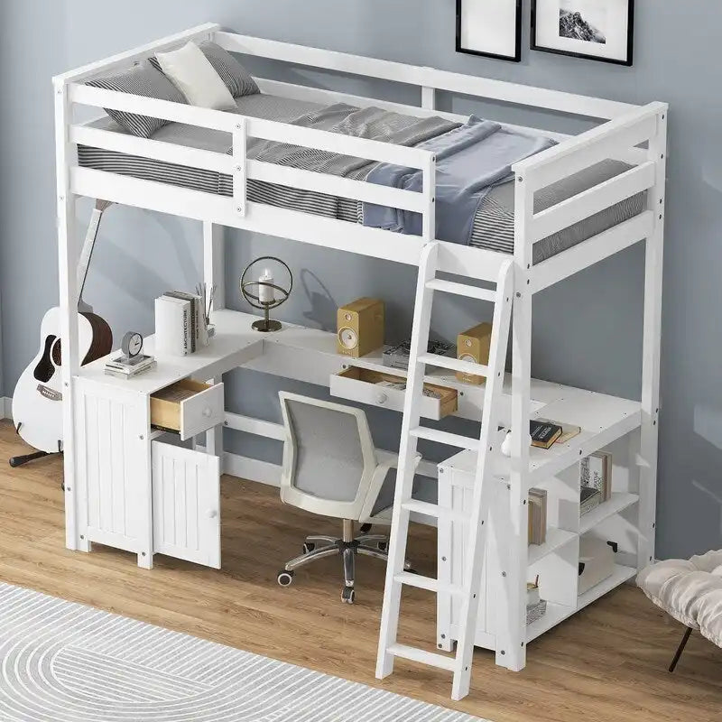 Letto a soppalco Twin con scrivania a U e spazio portaoggetti