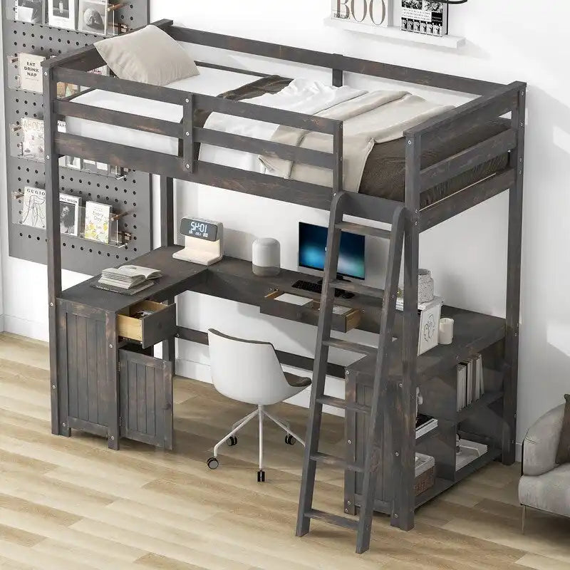 Hochbett in Twin-Größe mit U-förmigem Schreibtisch und Stauraum