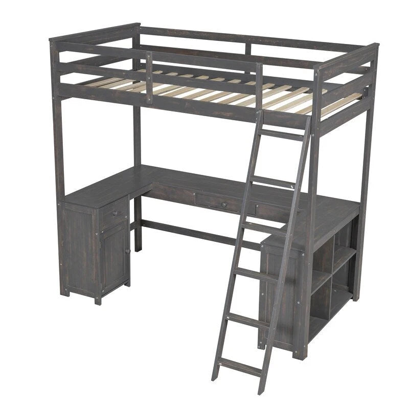 Hochbett in Twin-Größe mit U-förmigem Schreibtisch und Stauraum