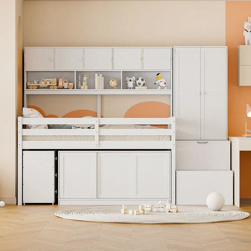 Twin Size Wooden Loft Bed Big Storage with Under-bed Desk, with Drawers, with Shelves