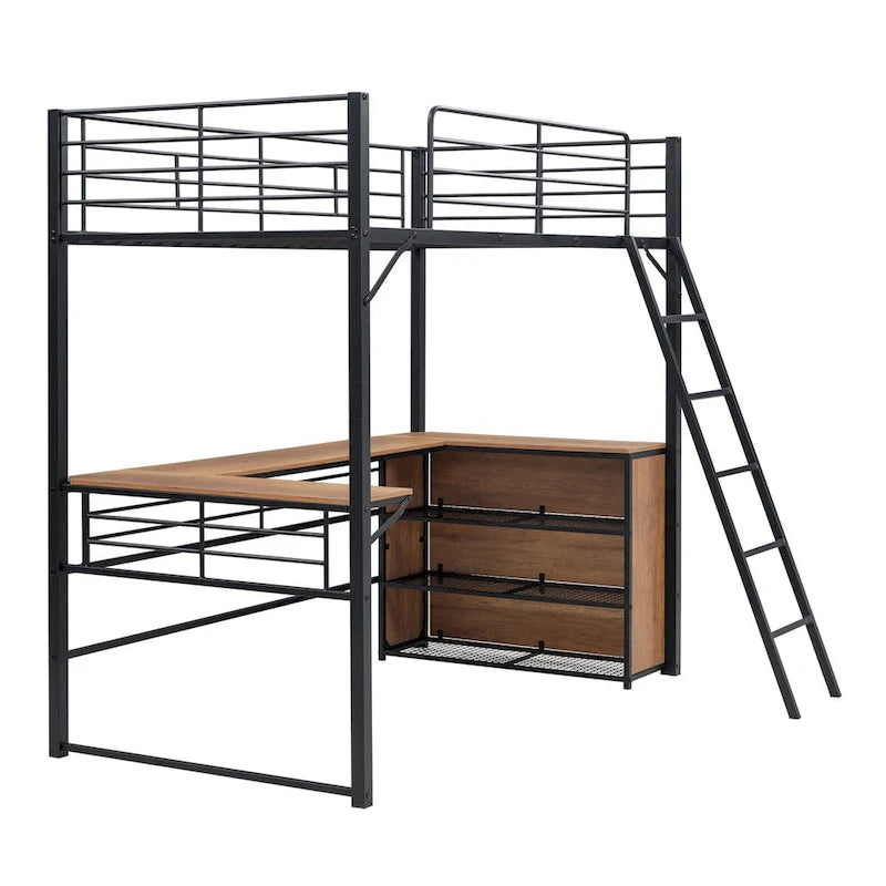 Metall-Hochbett mit L-förmigem Schreibtisch und 3-stufigen Regalen