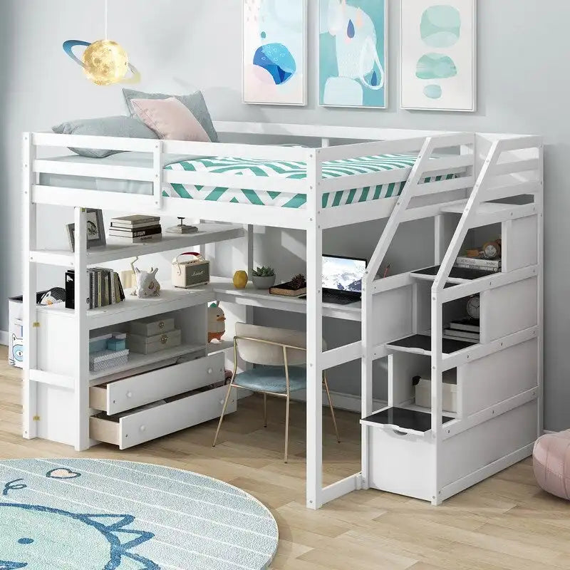 Wood Loft Bed with Desk, Shelves, Drawers & Storage Staircase