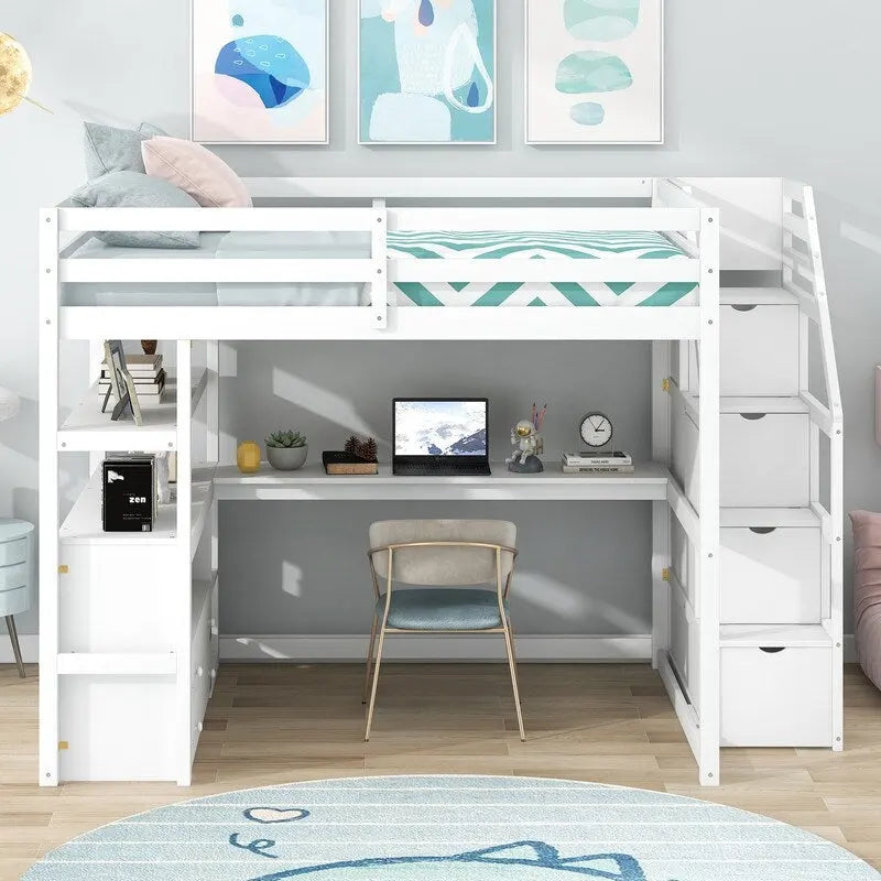 Hochbett aus Holz mit Schreibtisch, Regalen, Schubladen und Stauraumtreppe