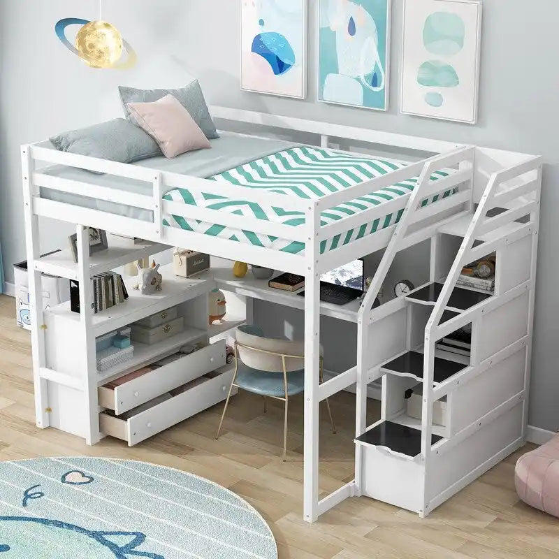 Hochbett aus Holz mit Schreibtisch, Regalen, Schubladen und Stauraumtreppe