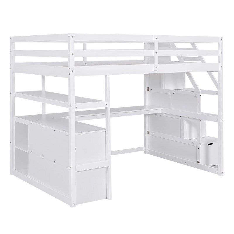 Hochbett aus Holz mit Schreibtisch, Regalen, Schubladen und Stauraumtreppe