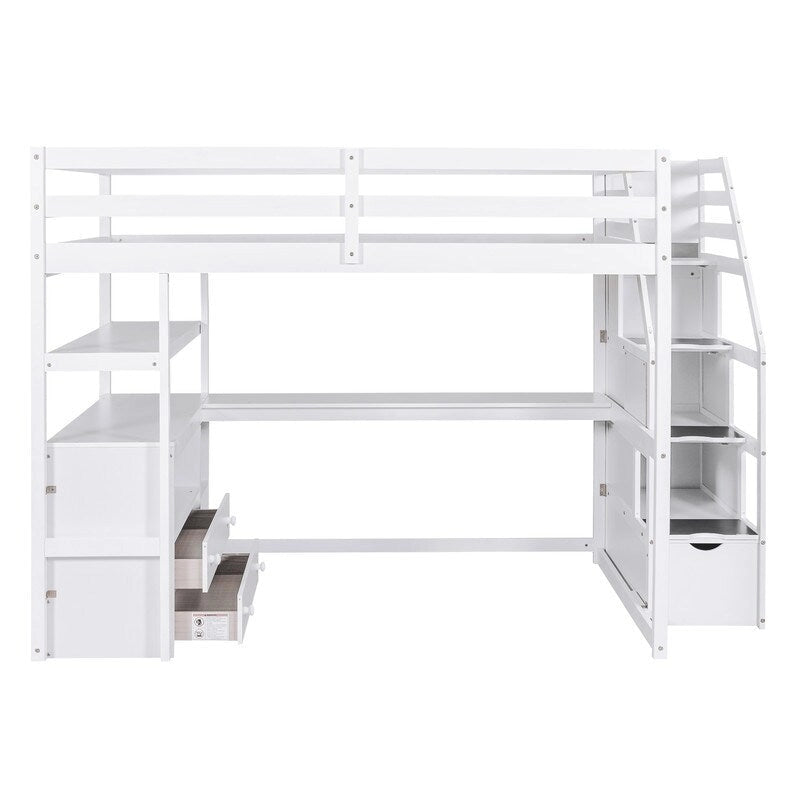 Hochbett aus Holz mit Schreibtisch, Regalen, Schubladen und Stauraumtreppe