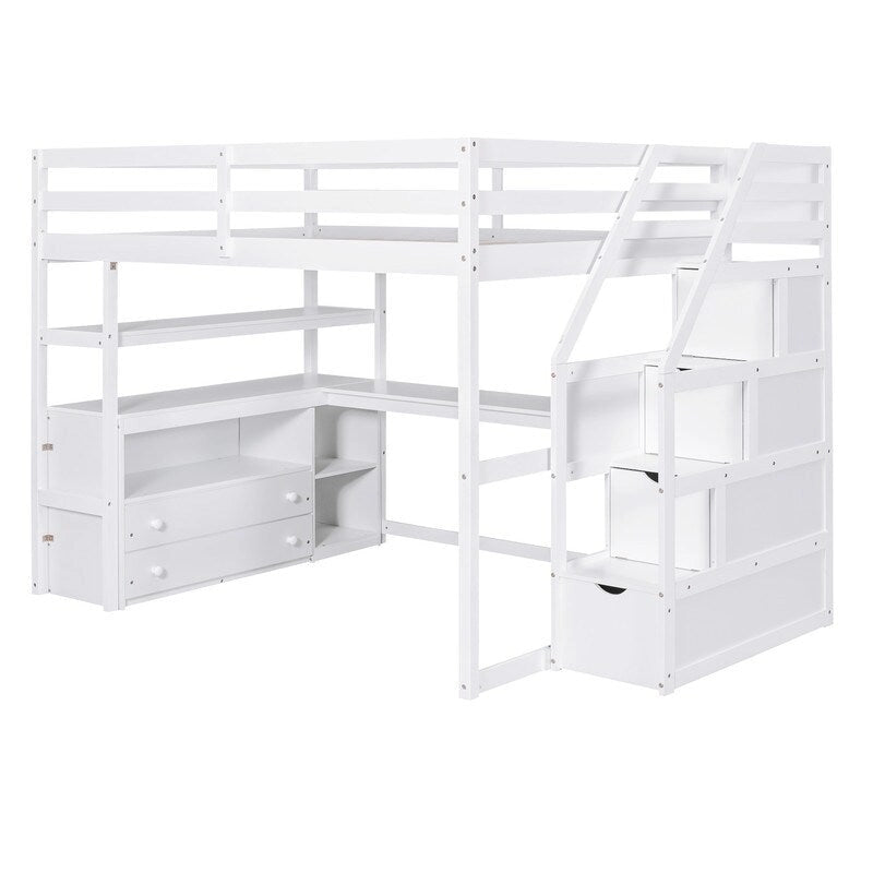 Hochbett aus Holz mit Schreibtisch, Regalen, Schubladen und Stauraumtreppe