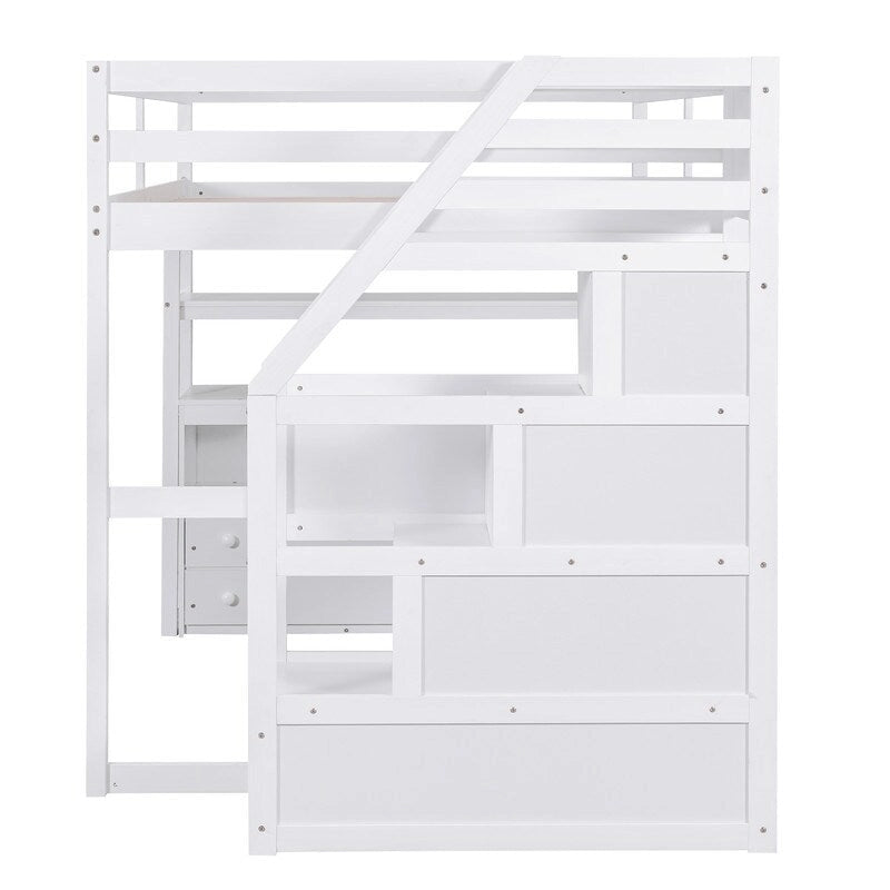 Hochbett aus Holz mit Schreibtisch, Regalen, Schubladen und Stauraumtreppe