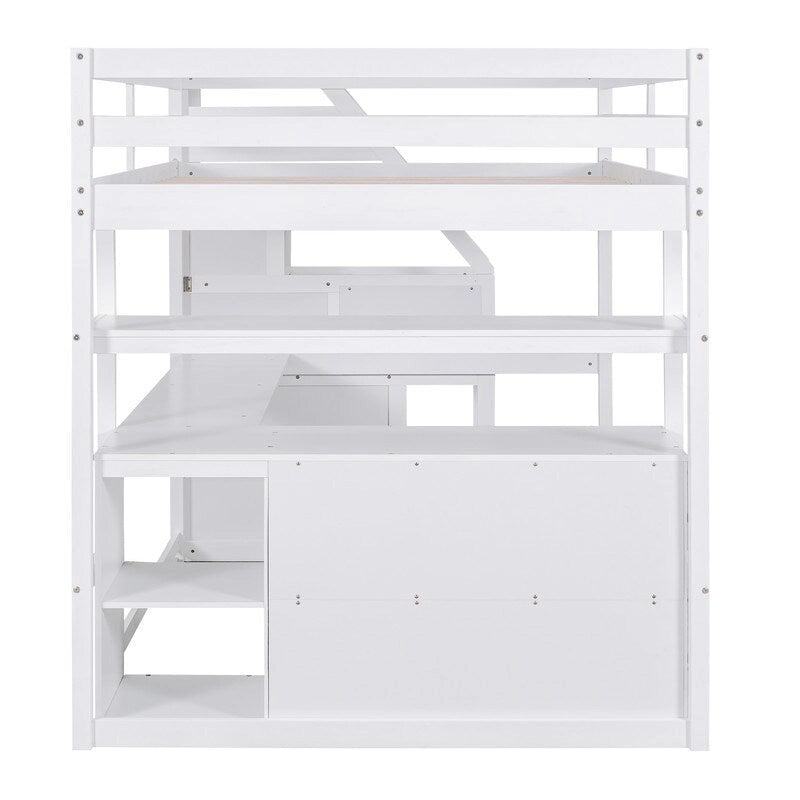 Hochbett aus Holz mit Schreibtisch, Regalen, Schubladen und Stauraumtreppe