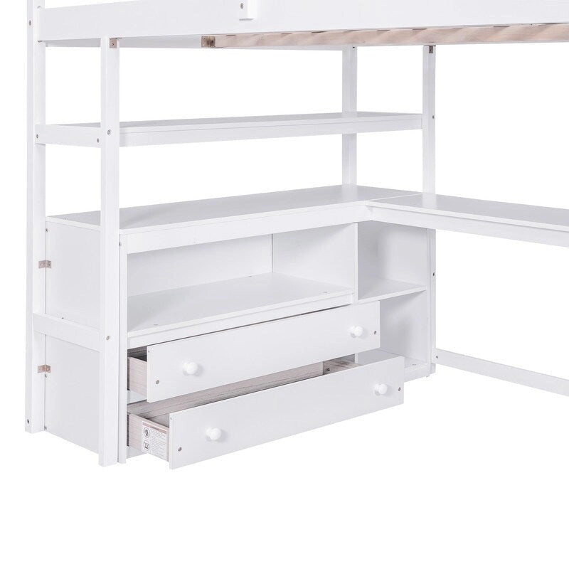 Hochbett aus Holz mit Schreibtisch, Regalen, Schubladen und Stauraumtreppe
