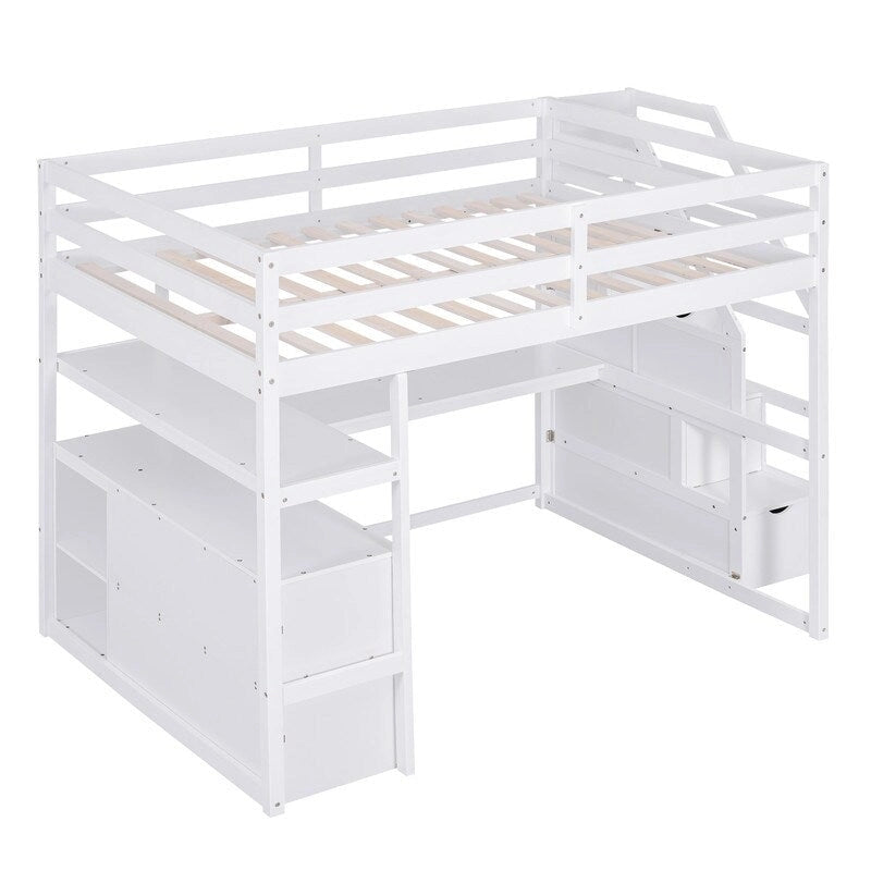 Hochbett aus Holz mit Schreibtisch, Regalen, Schubladen und Stauraumtreppe