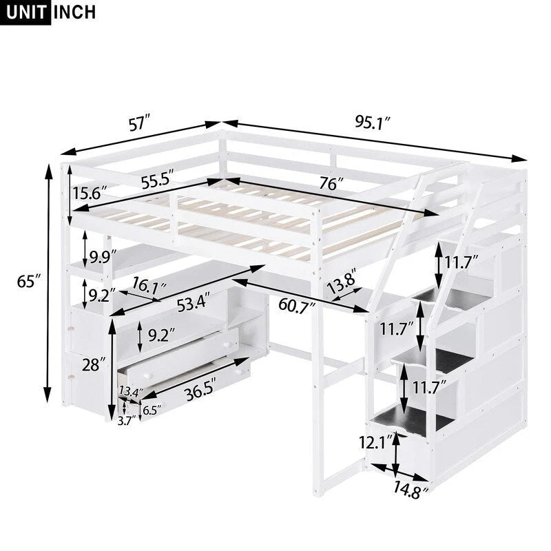 Hochbett aus Holz mit Schreibtisch, Regalen, Schubladen und Stauraumtreppe
