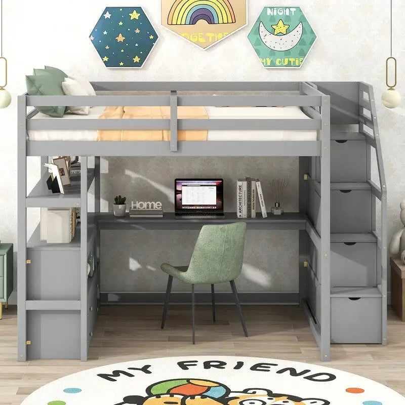 Hochbett aus Holz mit Schreibtisch, Regalen, Schubladen und Stauraumtreppe