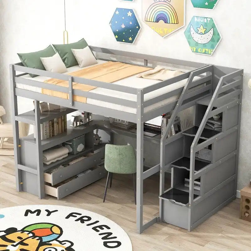 Hochbett aus Holz mit Schreibtisch, Regalen, Schubladen und Stauraumtreppe