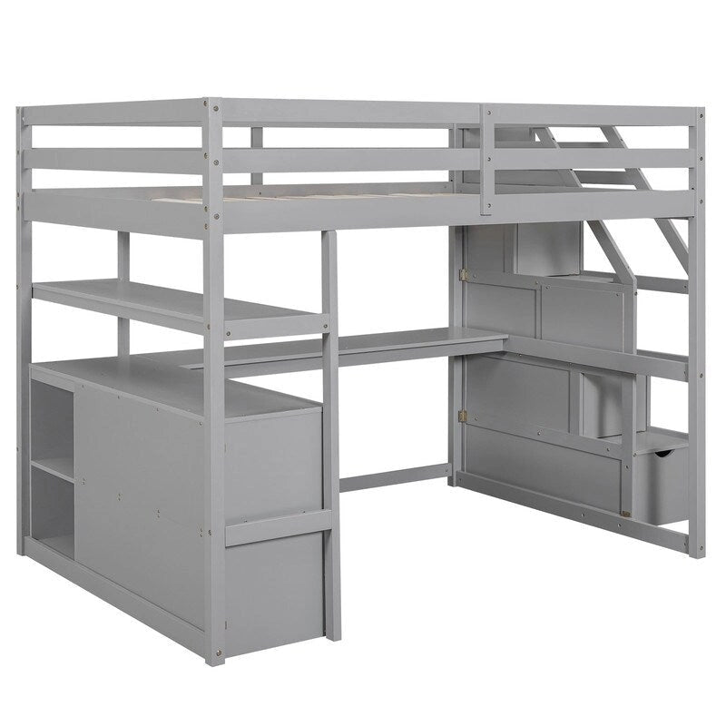 Hochbett aus Holz mit Schreibtisch, Regalen, Schubladen und Stauraumtreppe