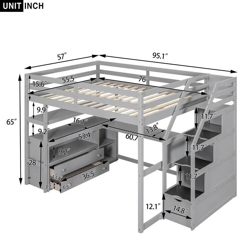 Hochbett aus Holz mit Schreibtisch, Regalen, Schubladen und Stauraumtreppe