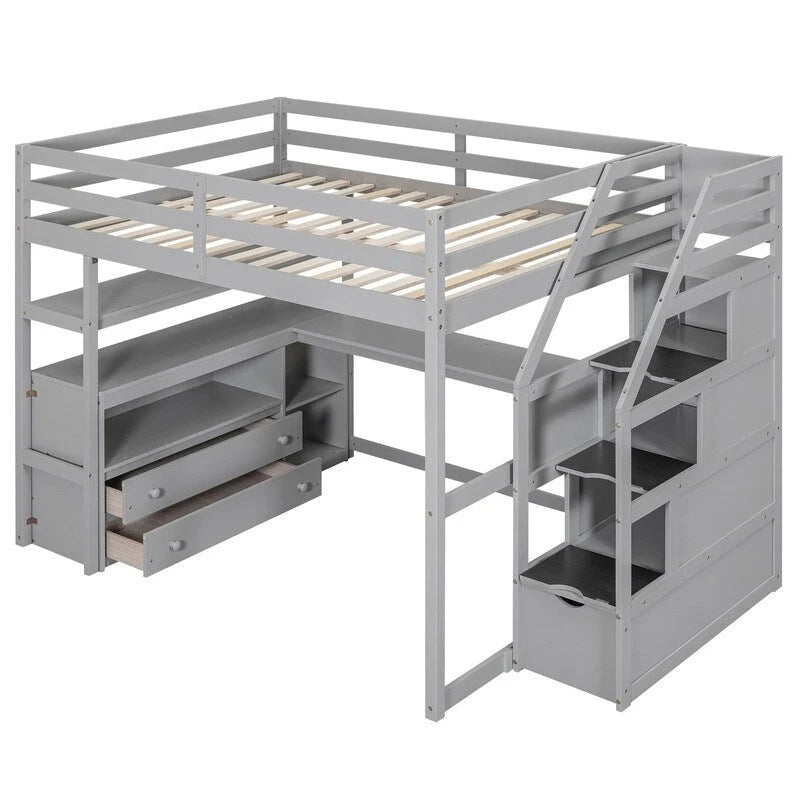 Hochbett aus Holz mit Schreibtisch, Regalen, Schubladen und Stauraumtreppe
