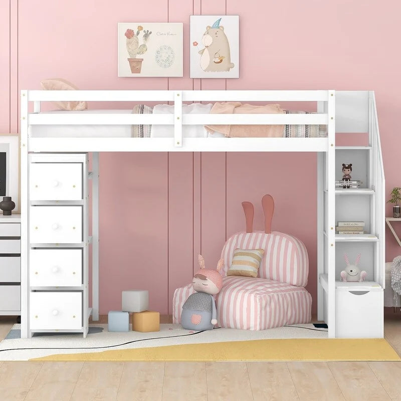 Wood Loft Bed with 4 Drawers, Storage Staircase & Shelves