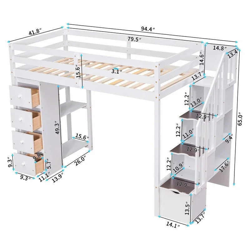 Lit mezzanine en bois avec 4 tiroirs, escalier de rangement et étagères