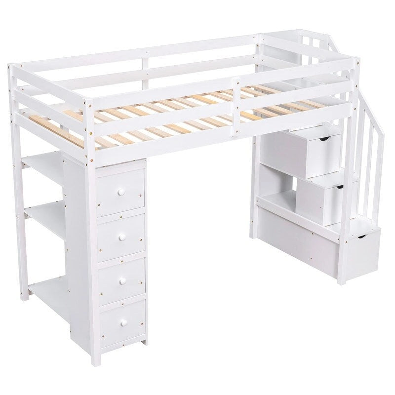 Lit mezzanine en bois avec 4 tiroirs, escalier de rangement et étagères