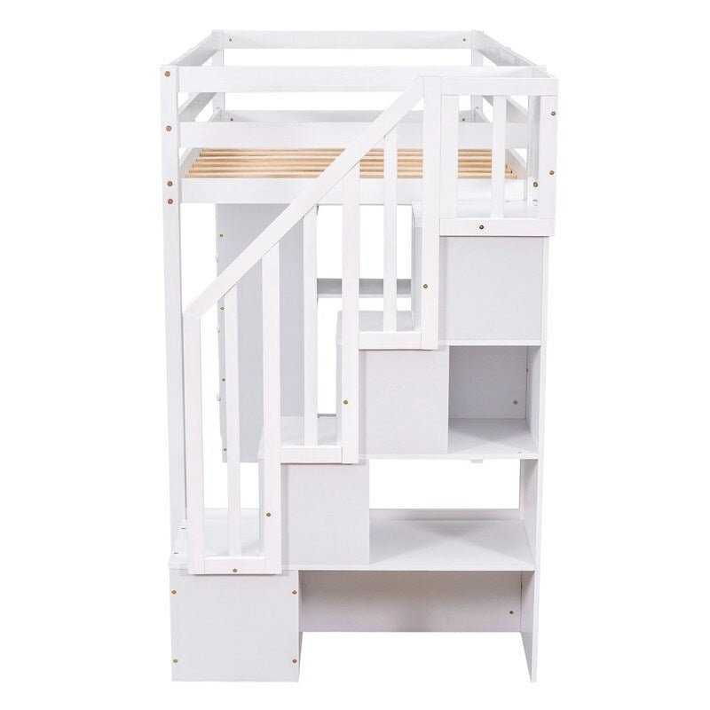 Wood Loft Bed with 4 Drawers, Storage Staircase & Shelves