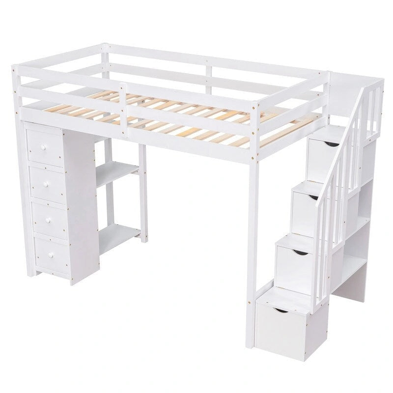 Lit mezzanine en bois avec 4 tiroirs, escalier de rangement et étagères