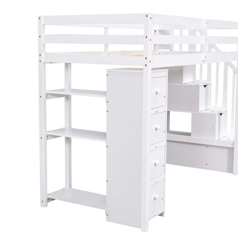Lit mezzanine en bois avec 4 tiroirs, escalier de rangement et étagères