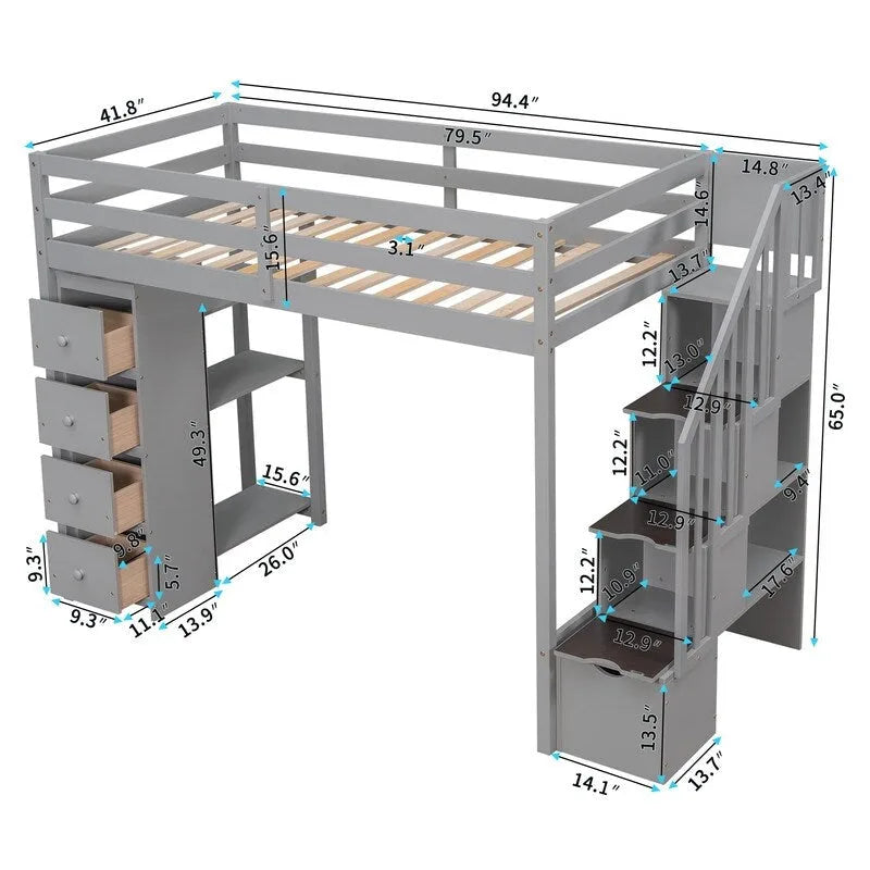 Lit mezzanine en bois avec 4 tiroirs, escalier de rangement et étagères