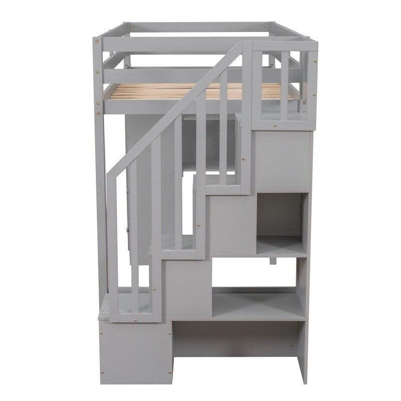 Lit mezzanine en bois avec 4 tiroirs, escalier de rangement et étagères
