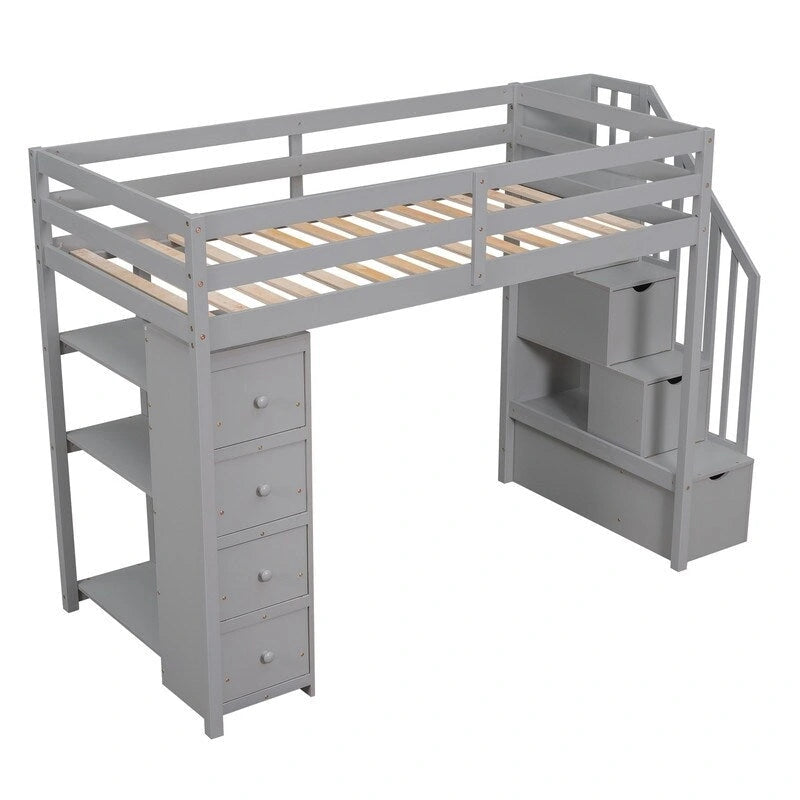 Lit mezzanine en bois avec 4 tiroirs, escalier de rangement et étagères