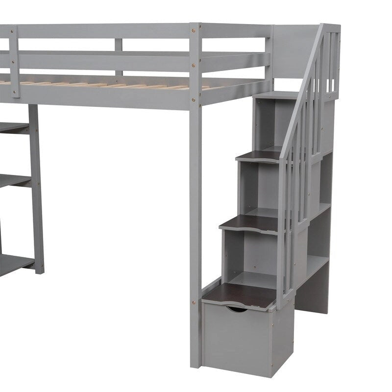 Lit mezzanine en bois avec 4 tiroirs, escalier de rangement et étagères
