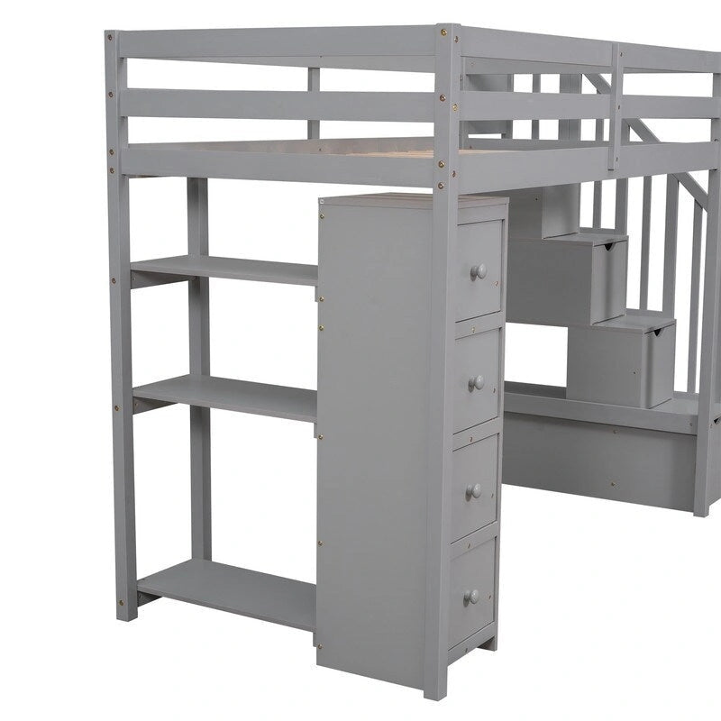 Lit mezzanine en bois avec 4 tiroirs, escalier de rangement et étagères