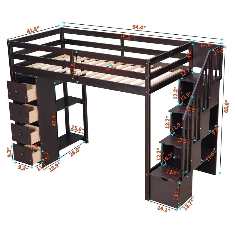 Lit mezzanine en bois avec 4 tiroirs, escalier de rangement et étagères