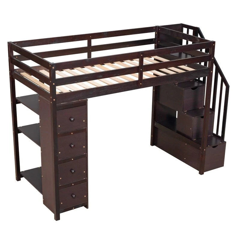 Lit mezzanine en bois avec 4 tiroirs, escalier de rangement et étagères