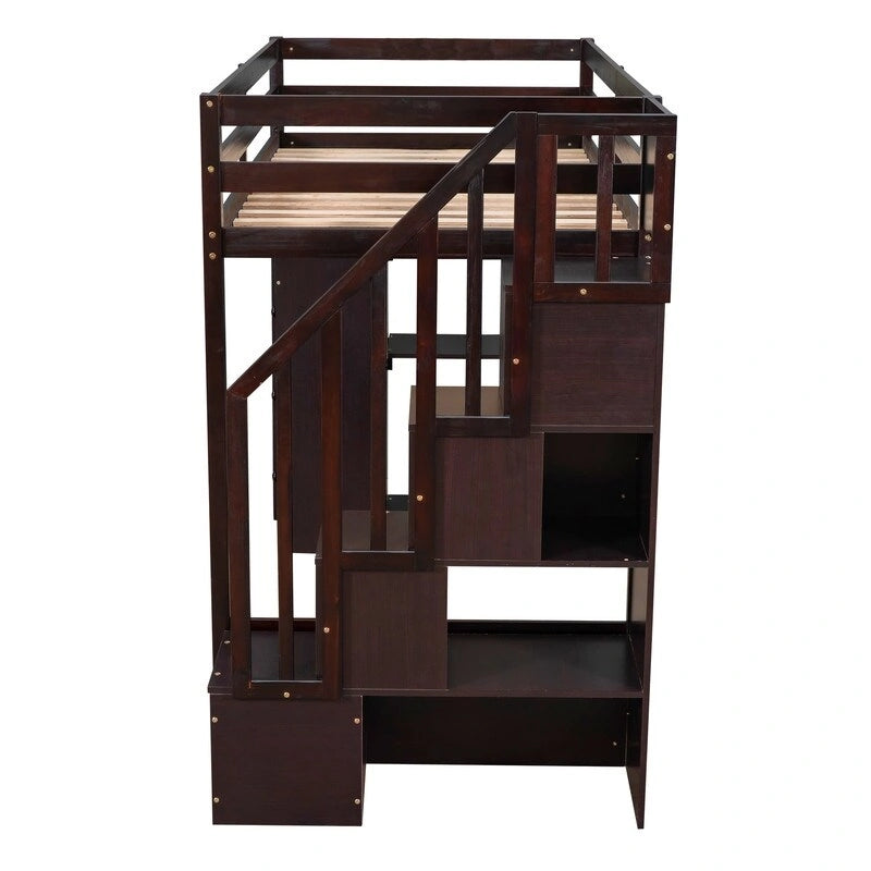 Lit mezzanine en bois avec 4 tiroirs, escalier de rangement et étagères
