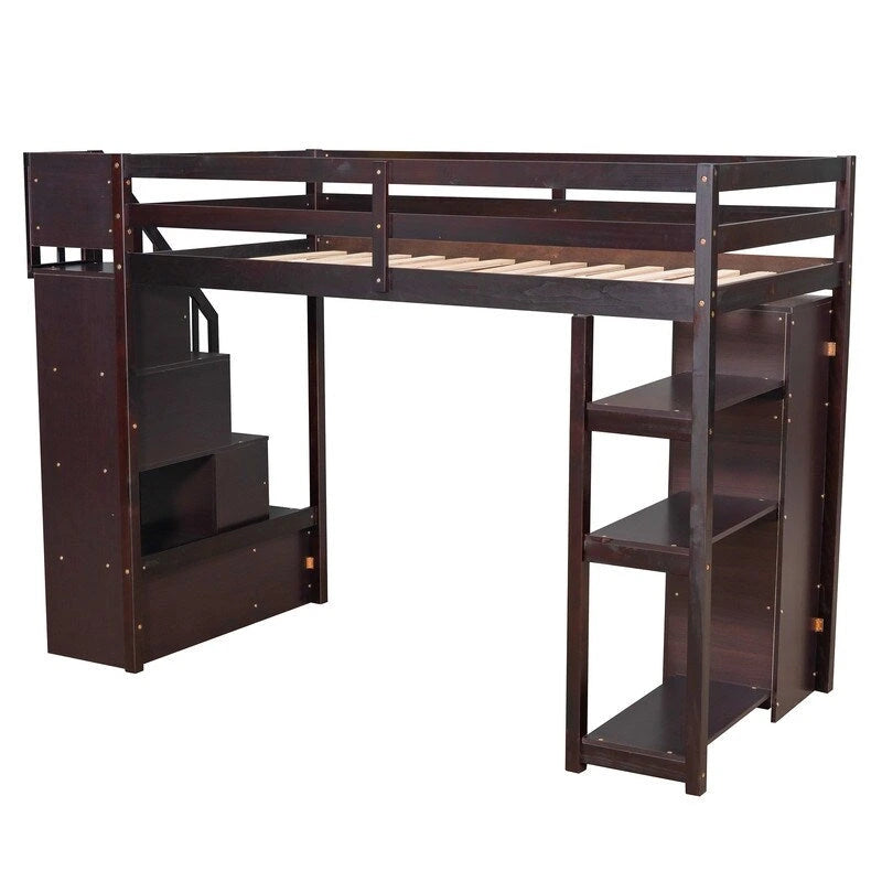 Lit mezzanine en bois avec 4 tiroirs, escalier de rangement et étagères
