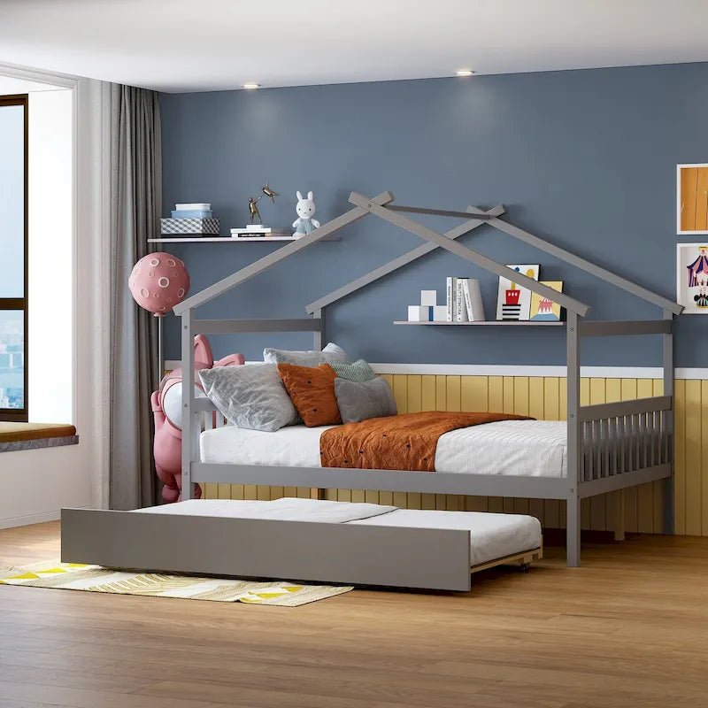 Letto da giorno in legno a forma di casetta con letto estraibile — Matrimoniale + singolo