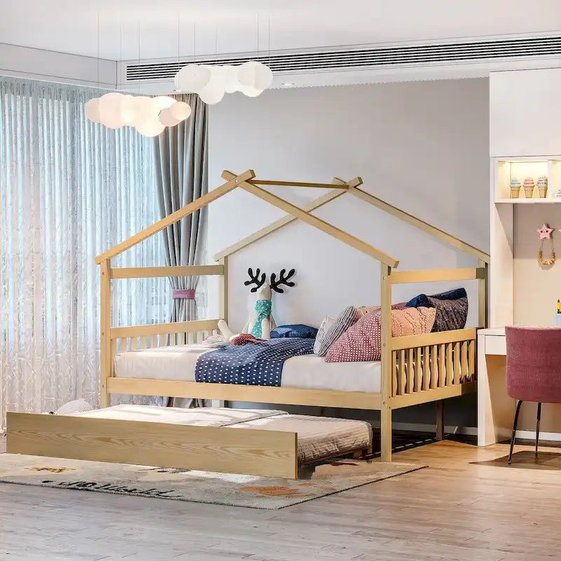 Letto da giorno in legno a forma di casetta con letto estraibile — Matrimoniale + singolo