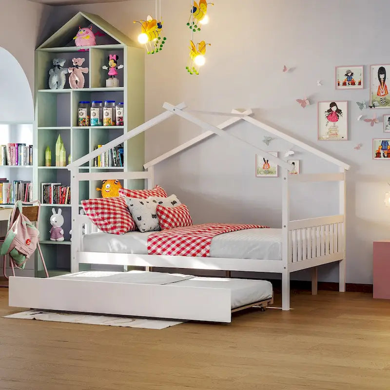 Letto da giorno in legno a forma di casetta con letto estraibile — Matrimoniale + singolo