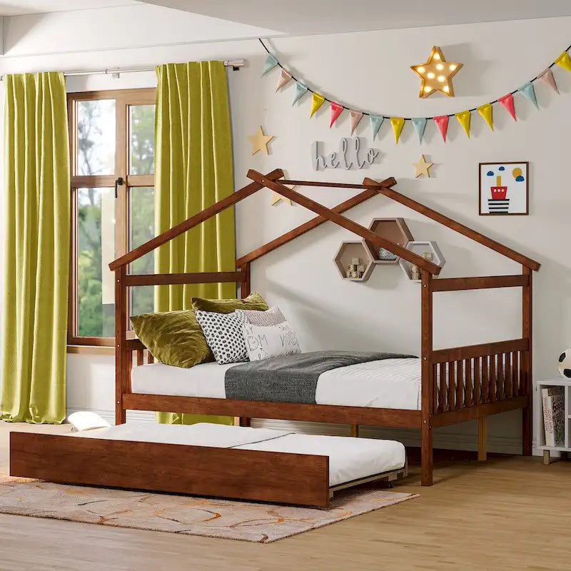Letto da giorno in legno a forma di casetta con letto estraibile — Matrimoniale + singolo
