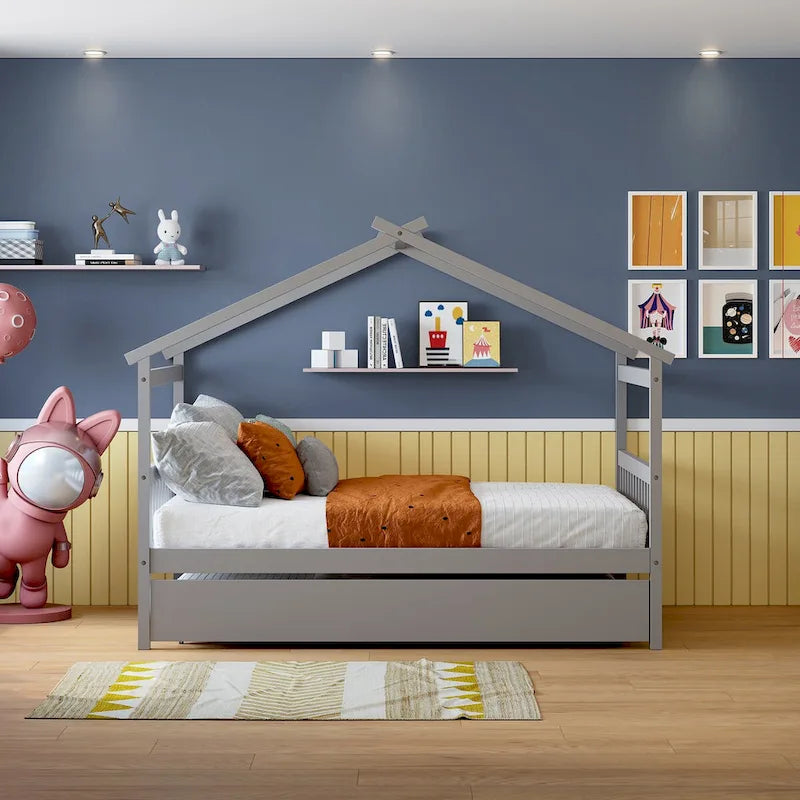 Letto da giorno in legno a forma di casetta con letto estraibile — Matrimoniale + singolo