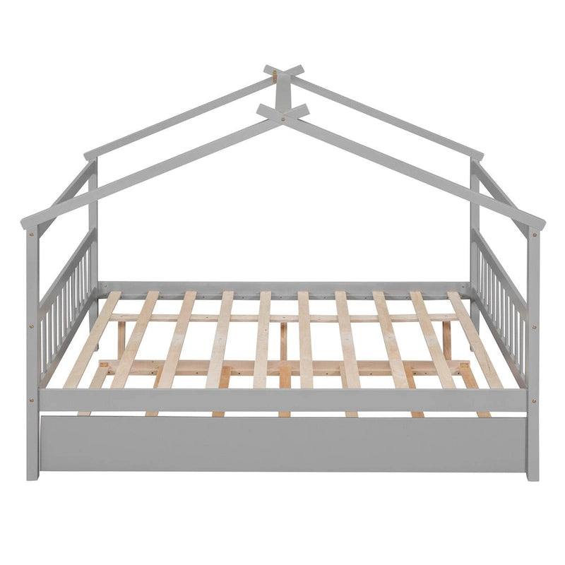 Letto da giorno in legno a forma di casetta con letto estraibile — Matrimoniale + singolo