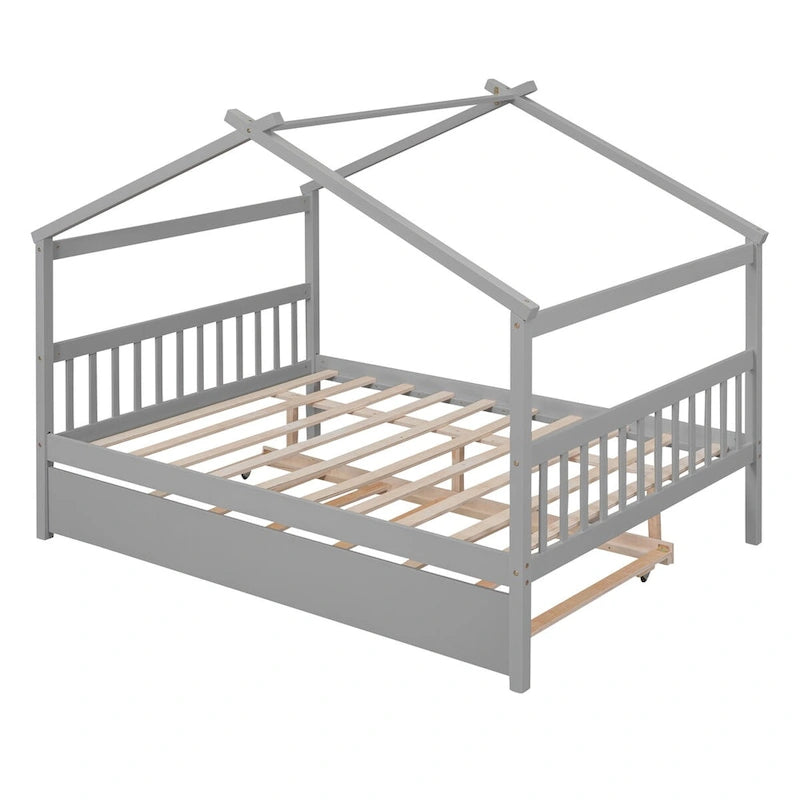 Hausförmiges Tagesbett aus Holz mit Ausziehbett — Full + Twin