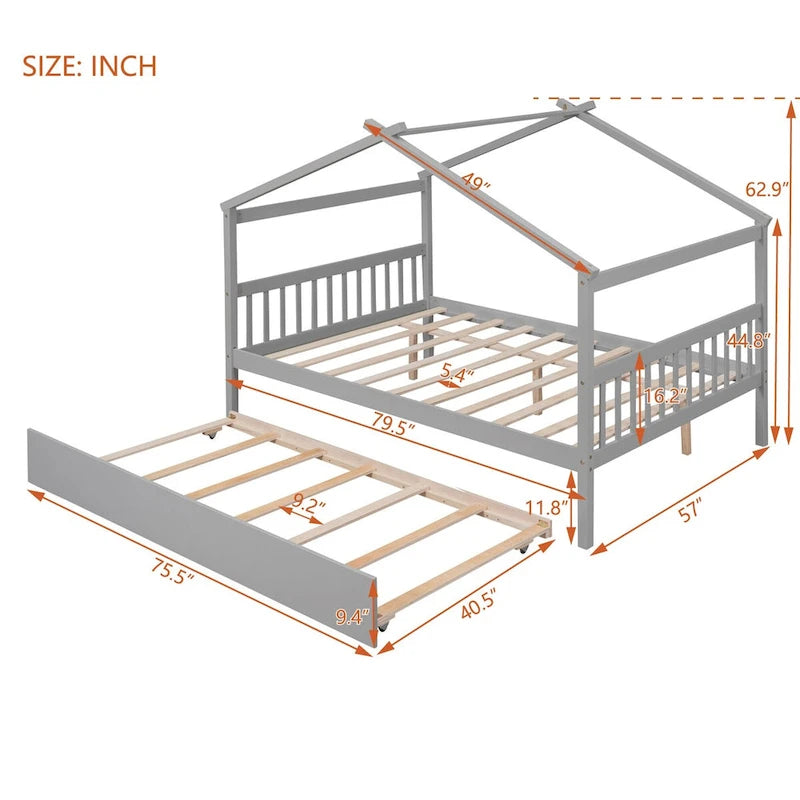 Hausförmiges Tagesbett aus Holz mit Ausziehbett — Full + Twin