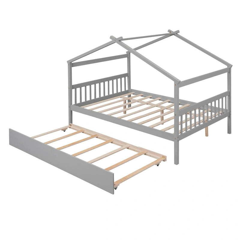 Hausförmiges Tagesbett aus Holz mit Ausziehbett — Full + Twin