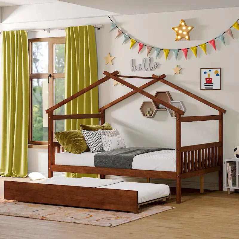 Hausförmiges Tagesbett aus Holz mit Ausziehbett — Full + Twin