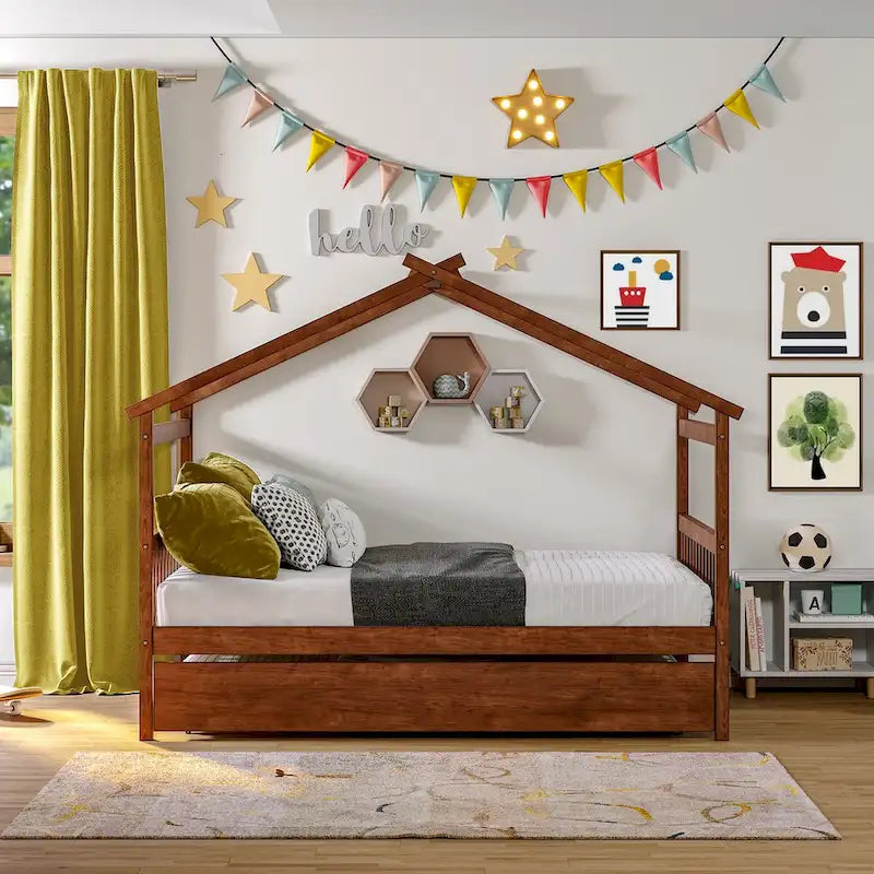 Letto da giorno in legno a forma di casetta con letto estraibile — Matrimoniale + singolo